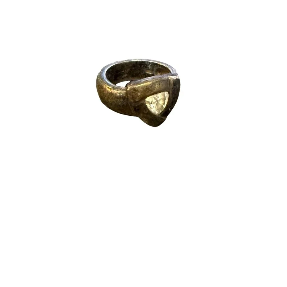 Vintage Brutalist Silver Tone Ring Triangle Clear Stone Modernist Size 5